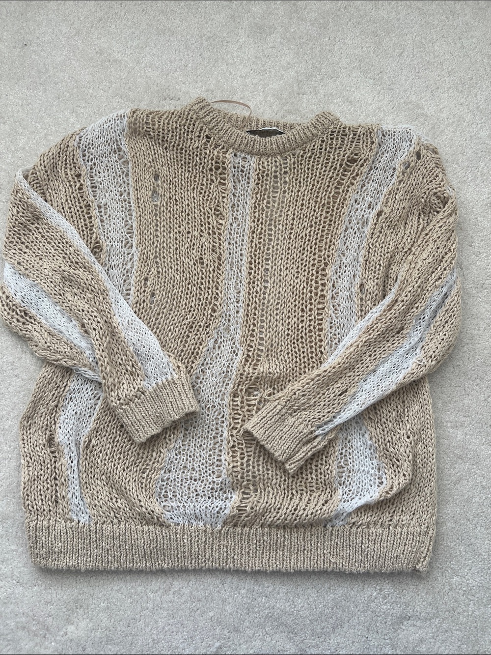 Zara Beige and Cream Open-Knit Crewneck Sweater